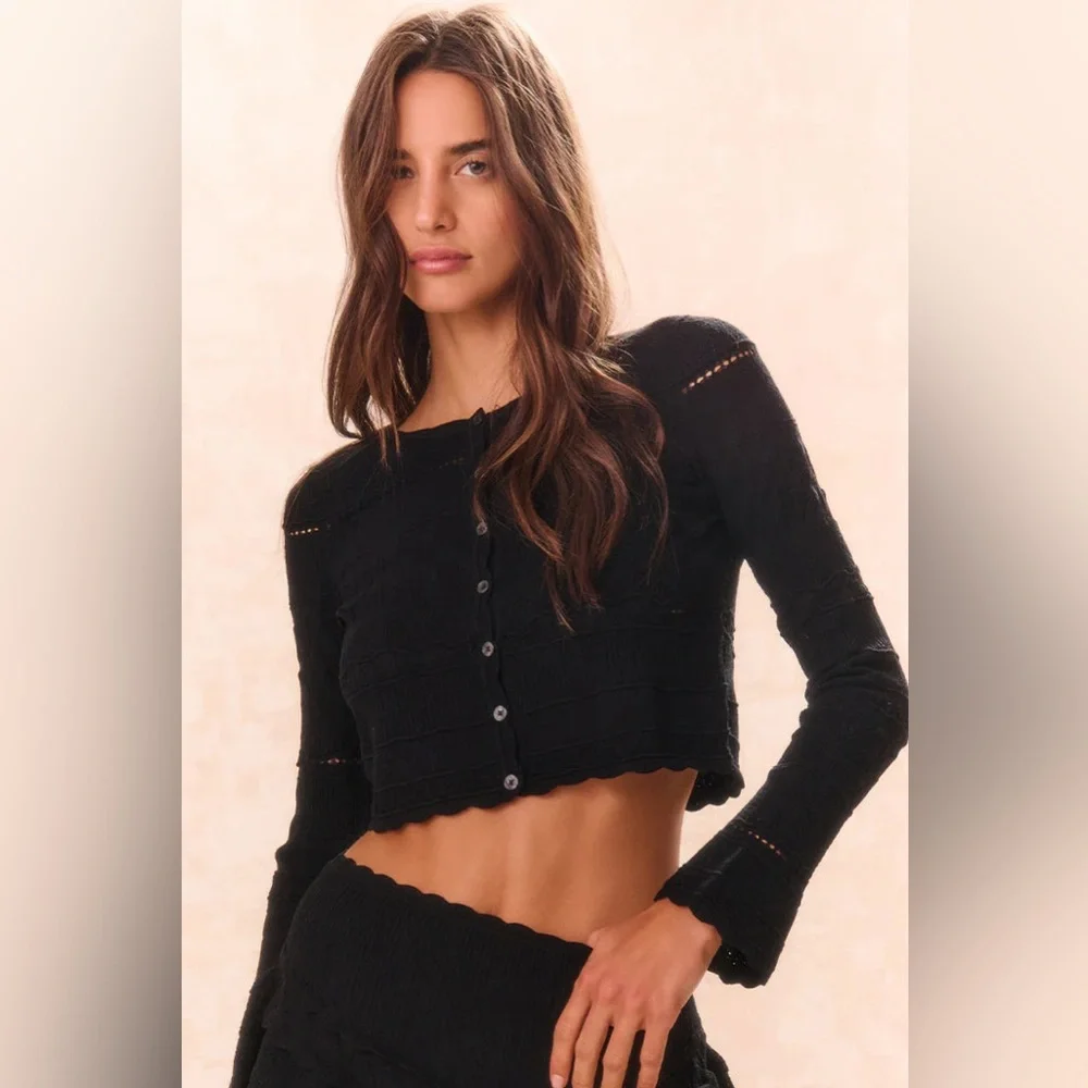 LOVESHACKFANCY MEDIA POINTELLE KNIT CARDIGAN IN BLACK, brand new, never worn. - Picture 3 of 14